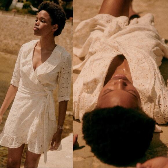 Sézane Asianne Ecru Eyelet Wrap Mini Dress - Picture 3 of 15